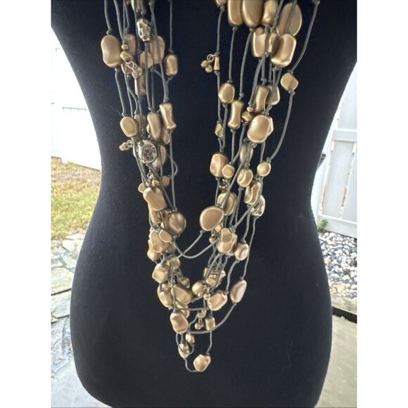 Chicos Olive Green Matte Gold Tone 23" Long Bead Statement Necklace NEW - Picture 3 of 13